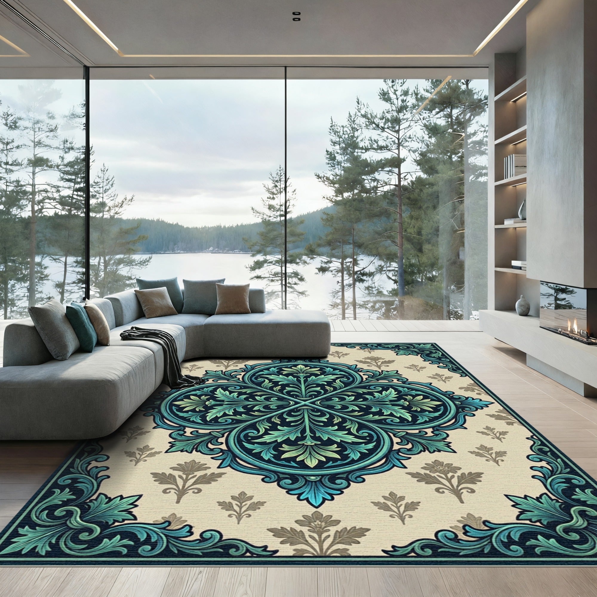 Ornate Teal Damask Leaf Medallion Rug