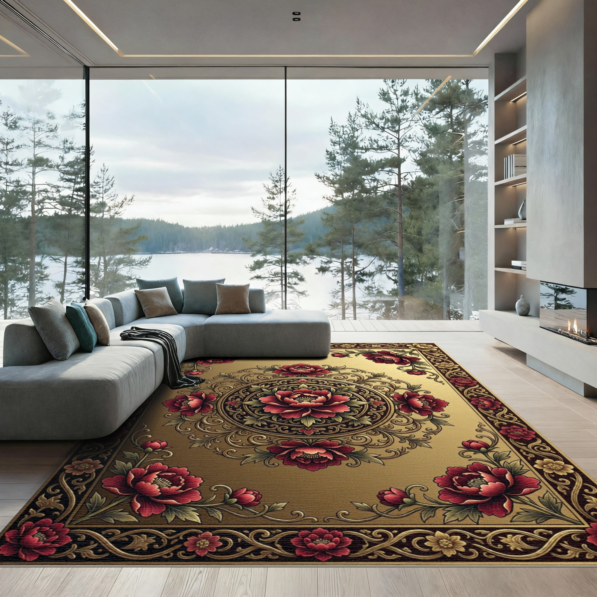 Elegant Golden Crimson Peony Medallion Rug