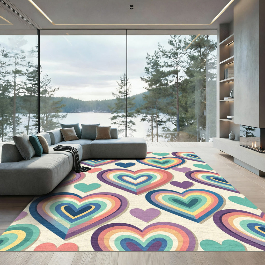 Vibrant Retro Rainbow Layered Heart Rug