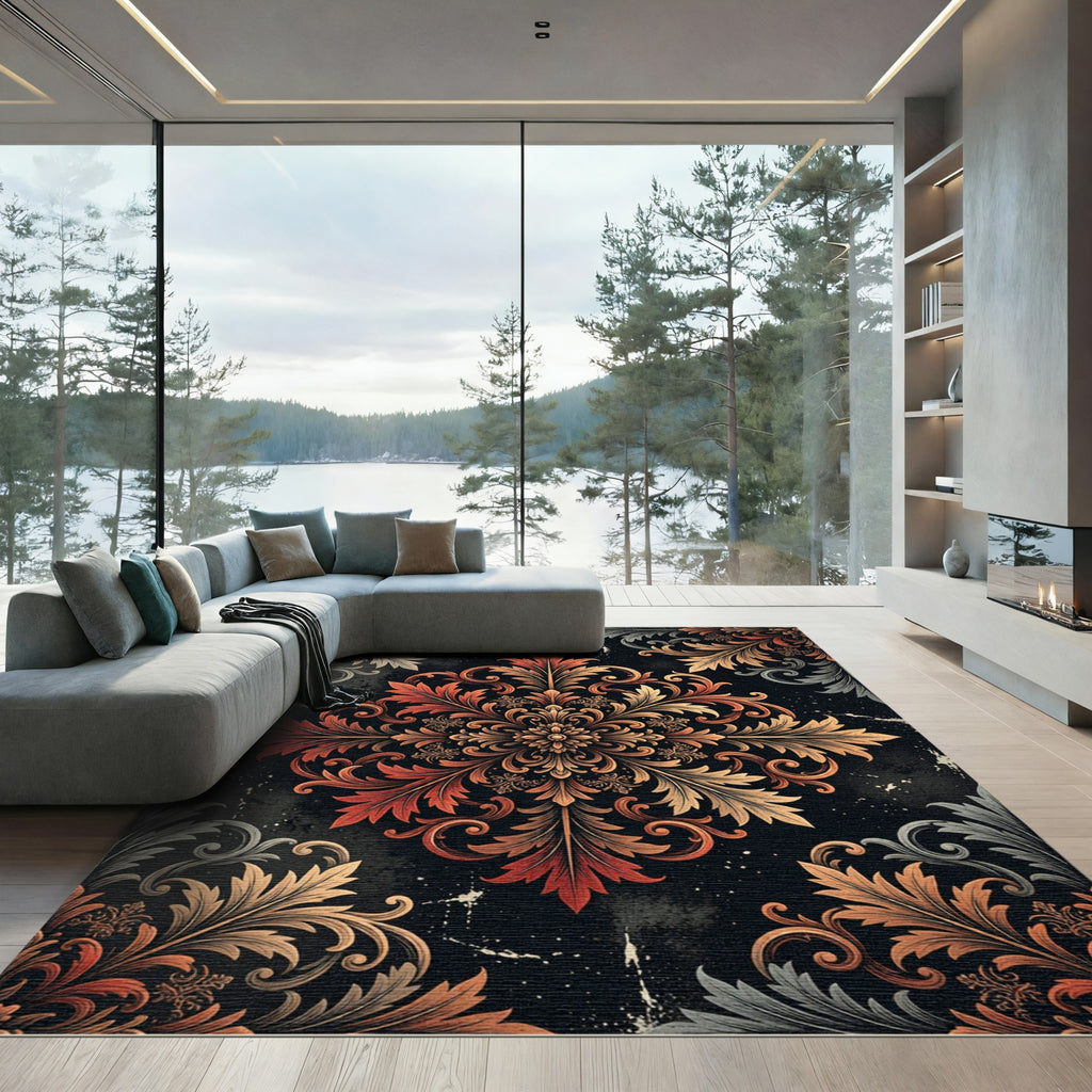 Ornate Copper Floral Damask Medallion Rug