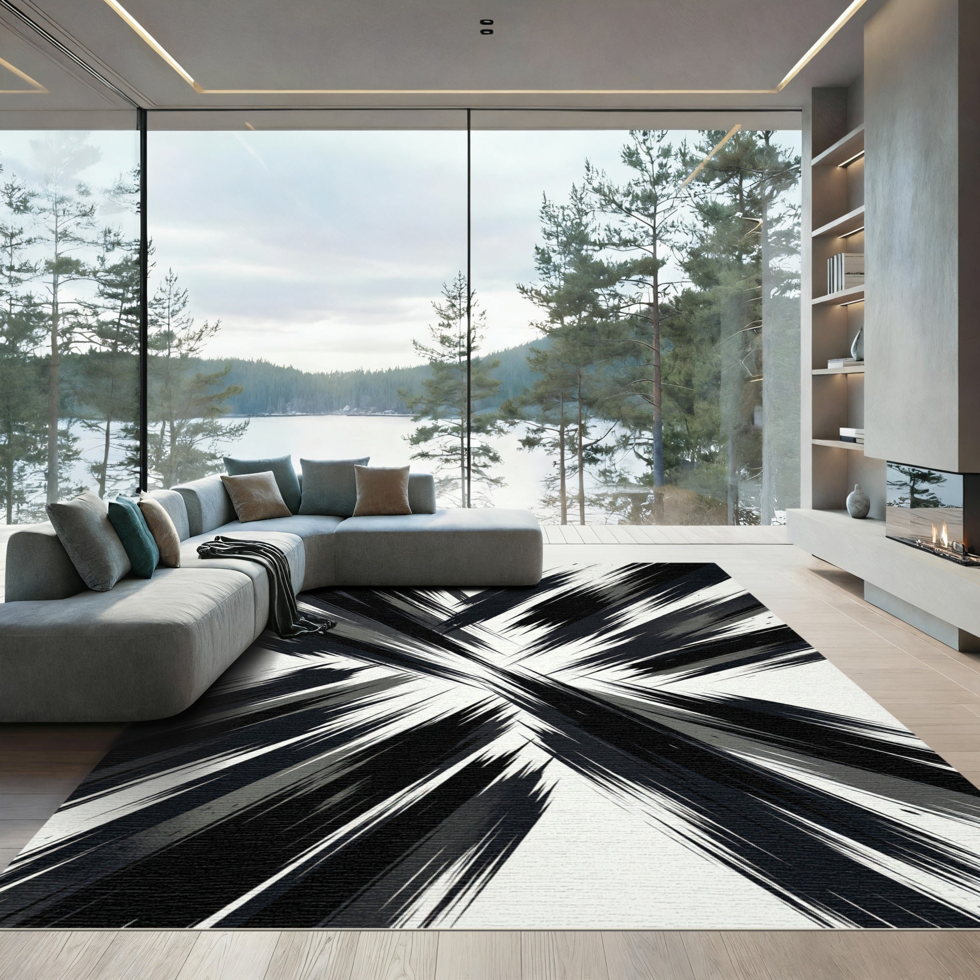 Monochromatic Abstract Black and White Radiant Sweep Rug