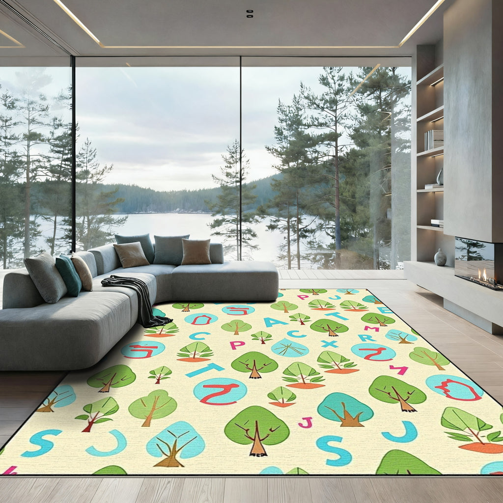Playful Trees Alphabet Yellow Background Rug