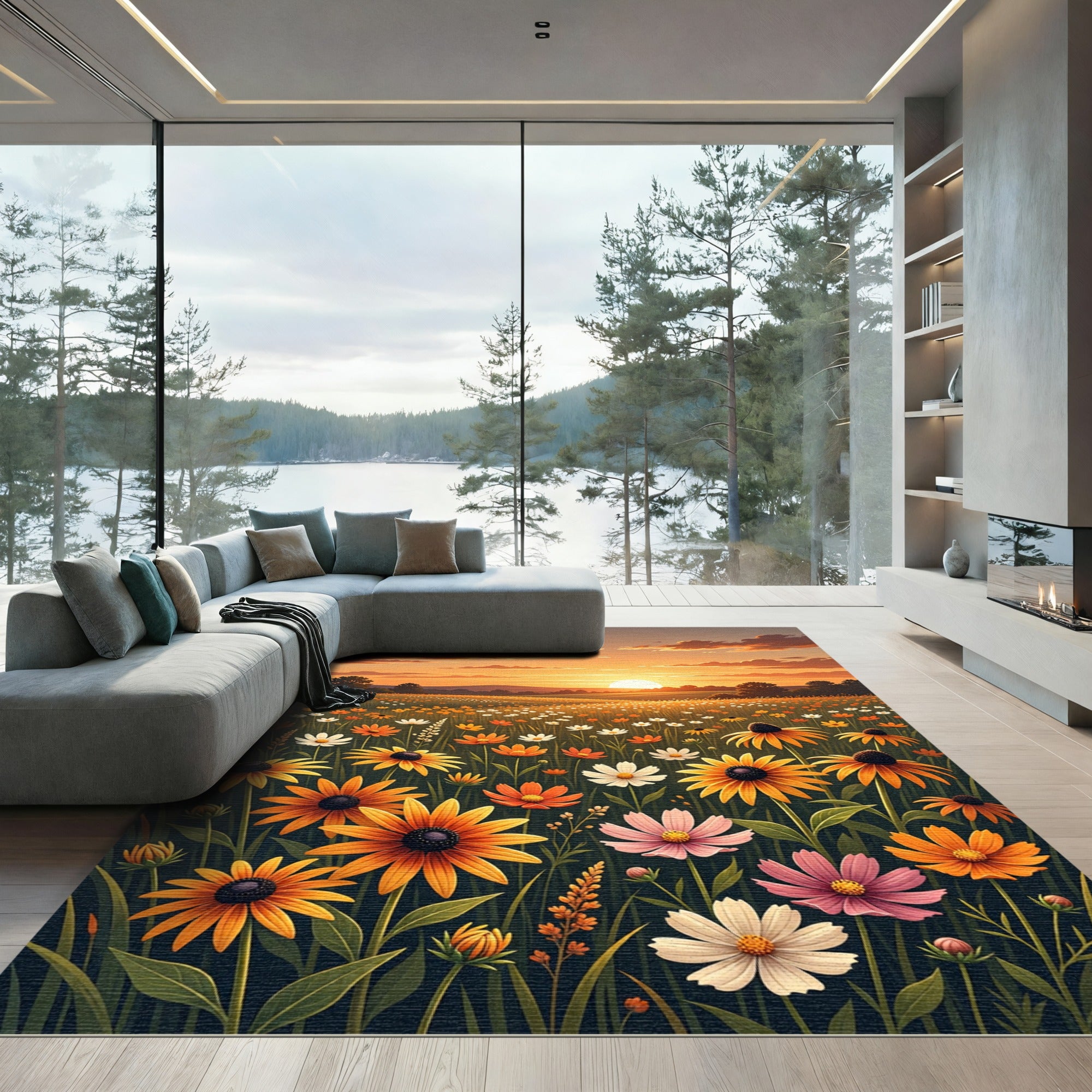 Golden Sunset Meadow Wildflower Landscape Rug