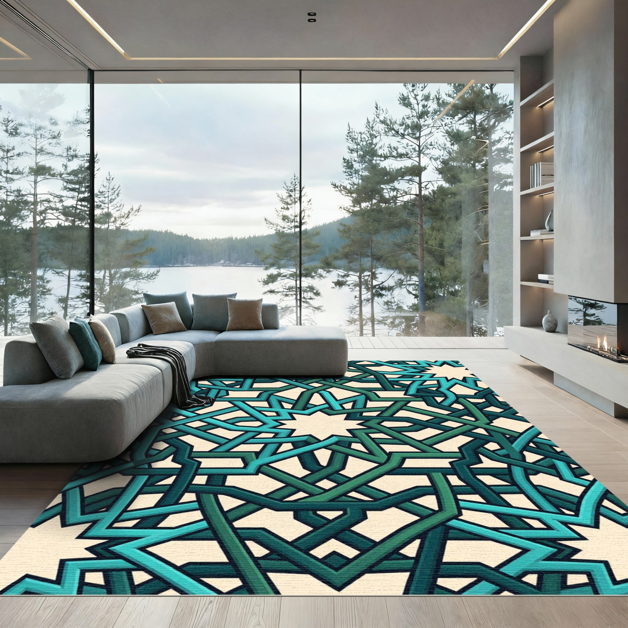 Teal Geometric Interlocking Star Tile Rug