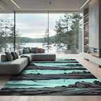 Serene Teal Farmhouse Landscape Scene Rug