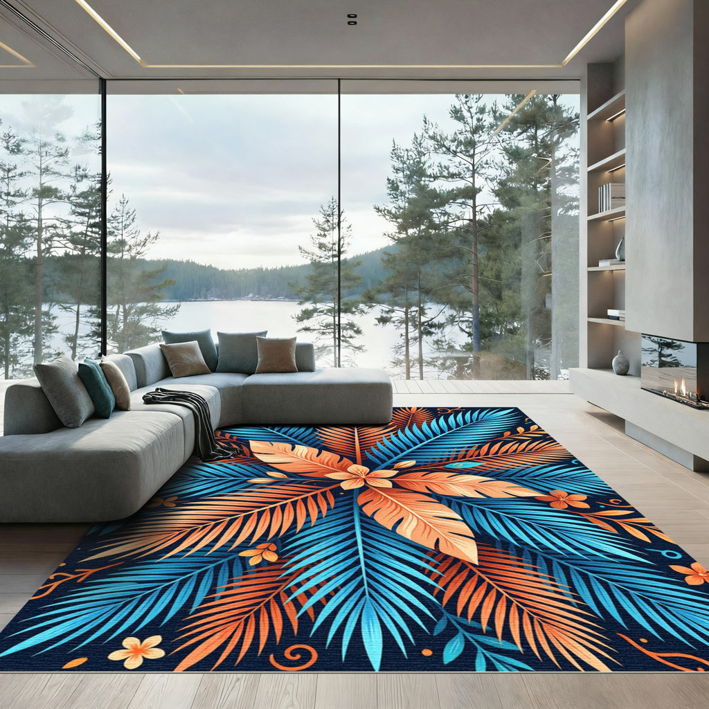 Fiery Blue Orange Tropical Leaves Rug