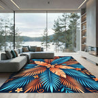 Fiery Blue Orange Tropical Leaves Rug