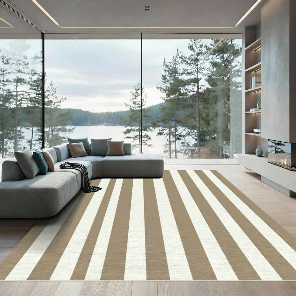 Classic Tan White Vertical Stripe Rug