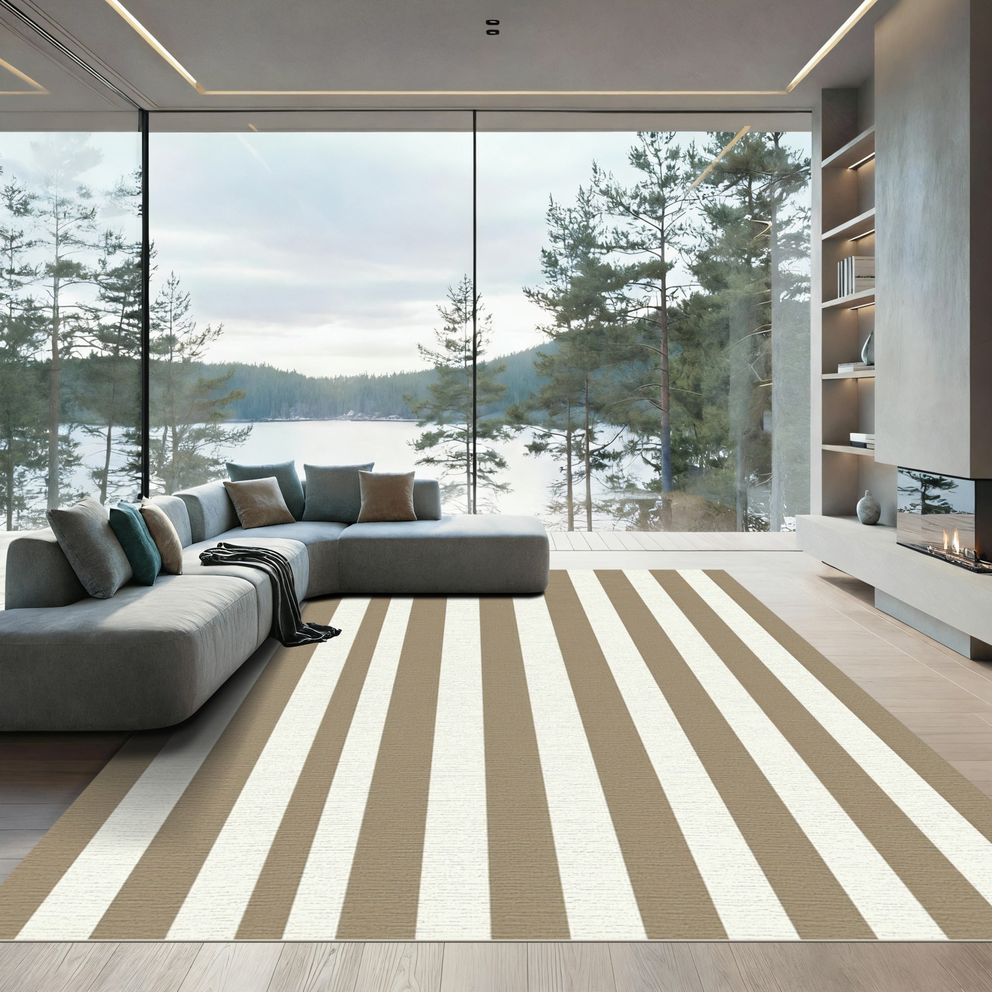 Classic Tan White Vertical Stripe Rug