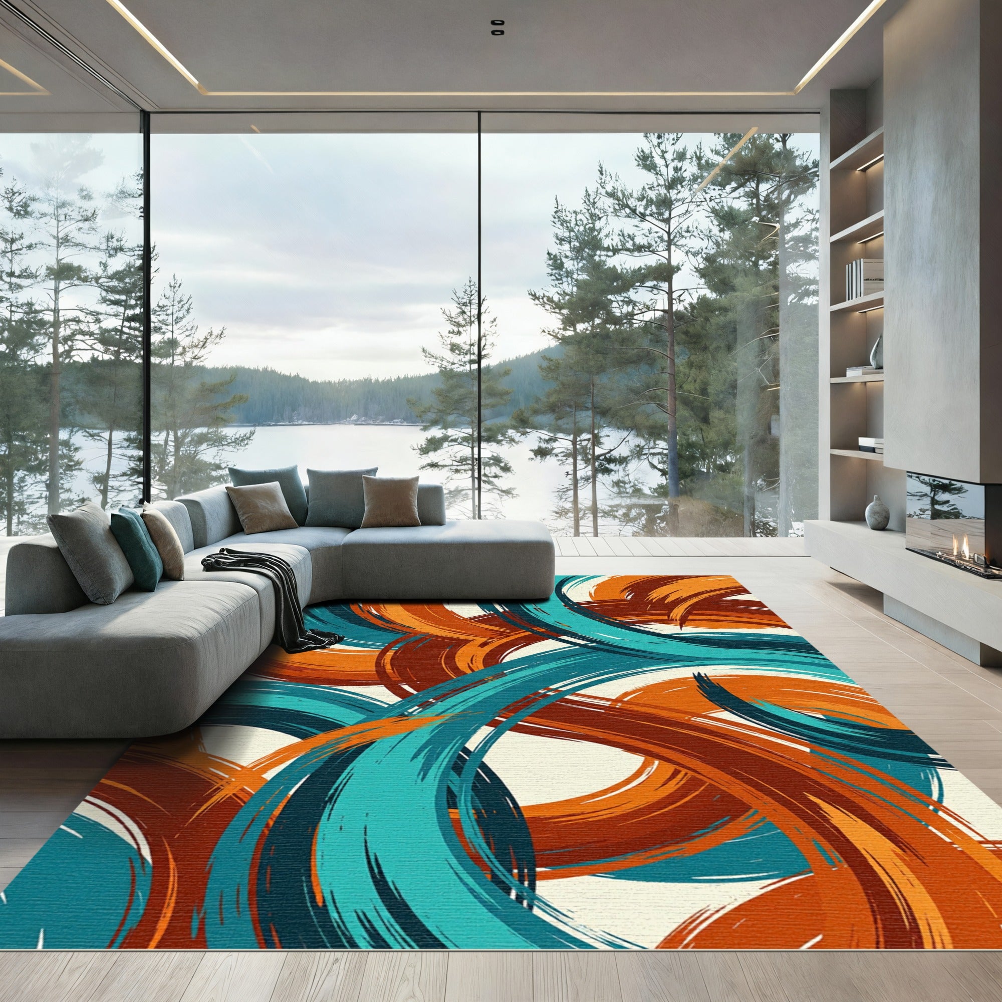 Abstract Teal and Burnt Orange Swirls Rug