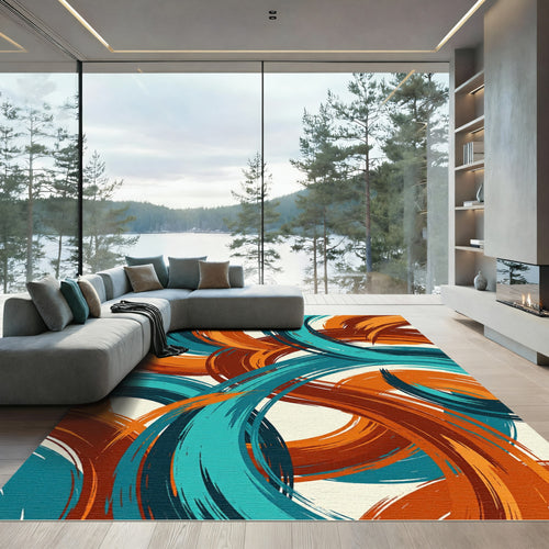 Abstract Teal and Burnt Orange Swirls Rug