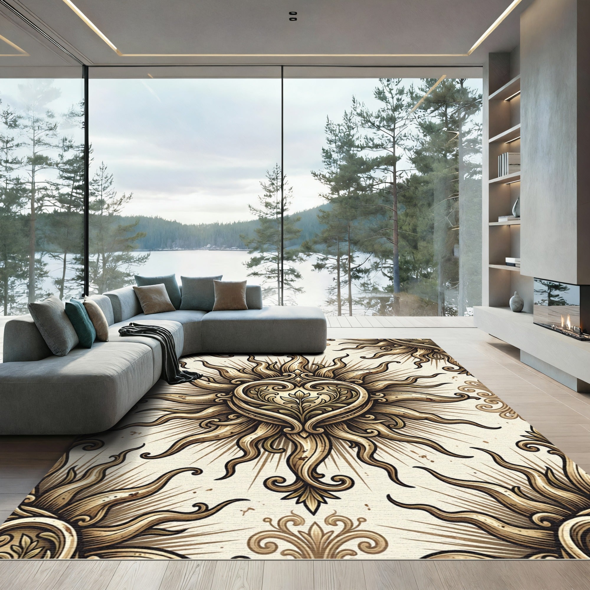 Golden Ornate Radiant Heart Damask Rug
