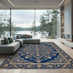 Ornate Navy Floral Medallion Scrollwork Rug