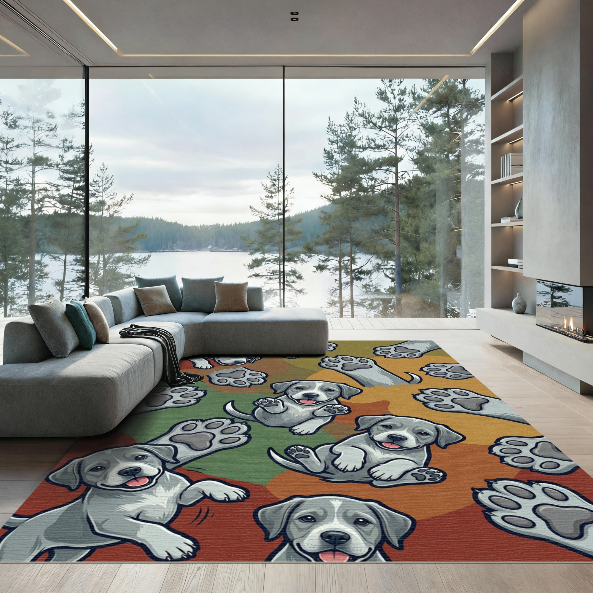 Playful Gray Puppy Paw Print Earthy Rug