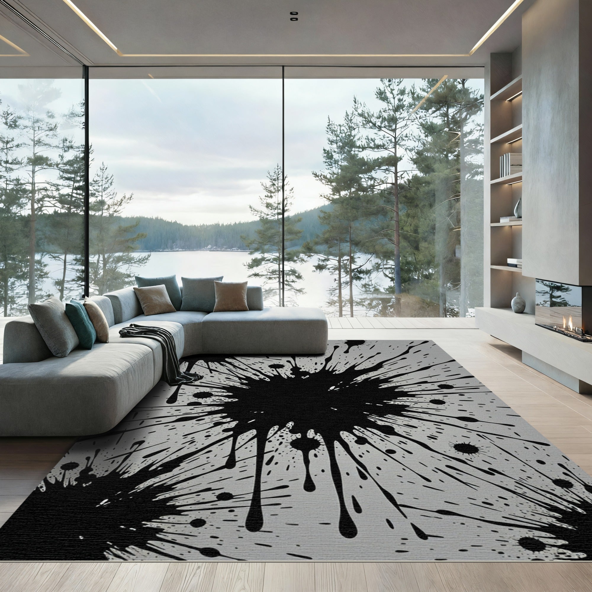 Bold Monochrome Abstract Ink Splatter Rug