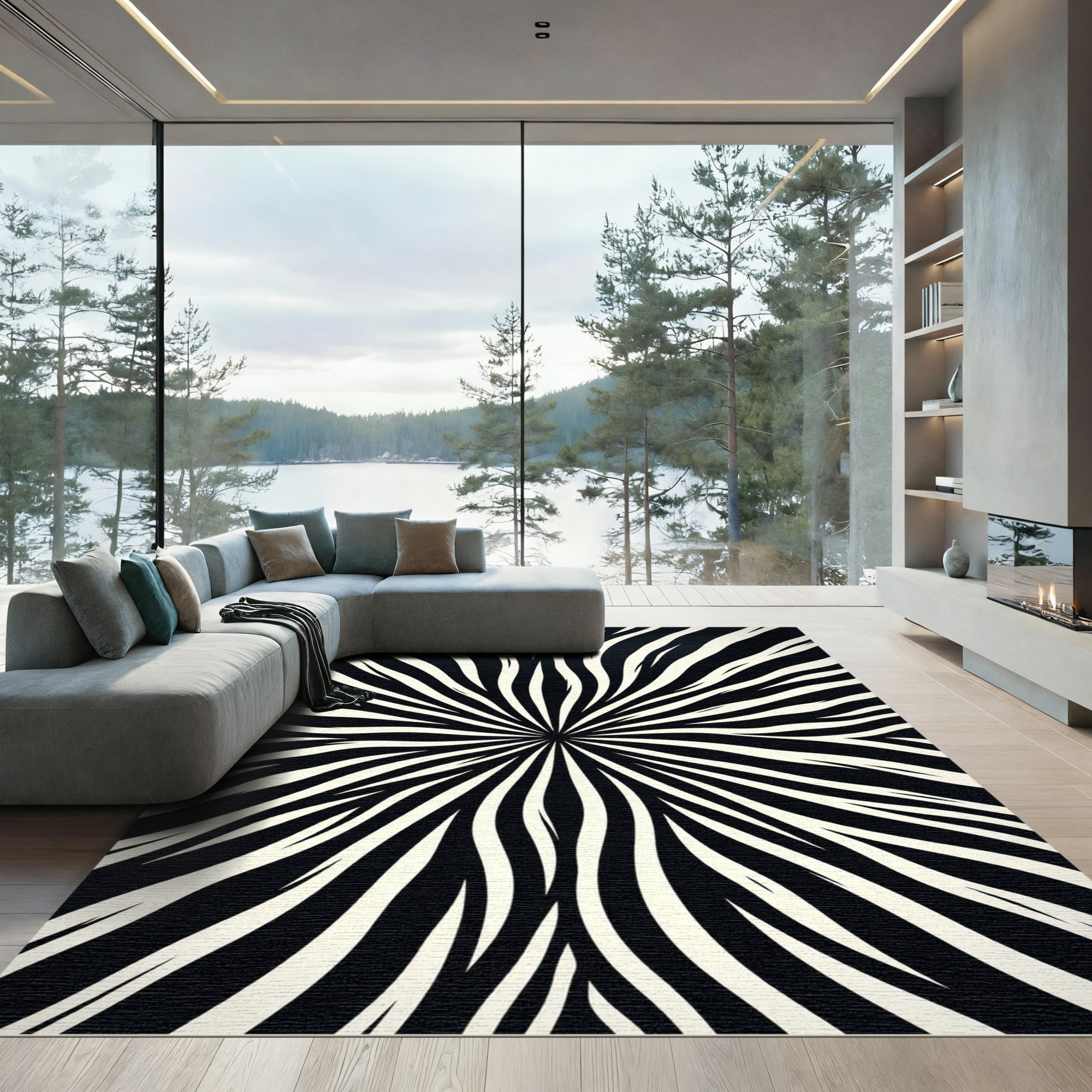 Black White Organic Sunburst Rug