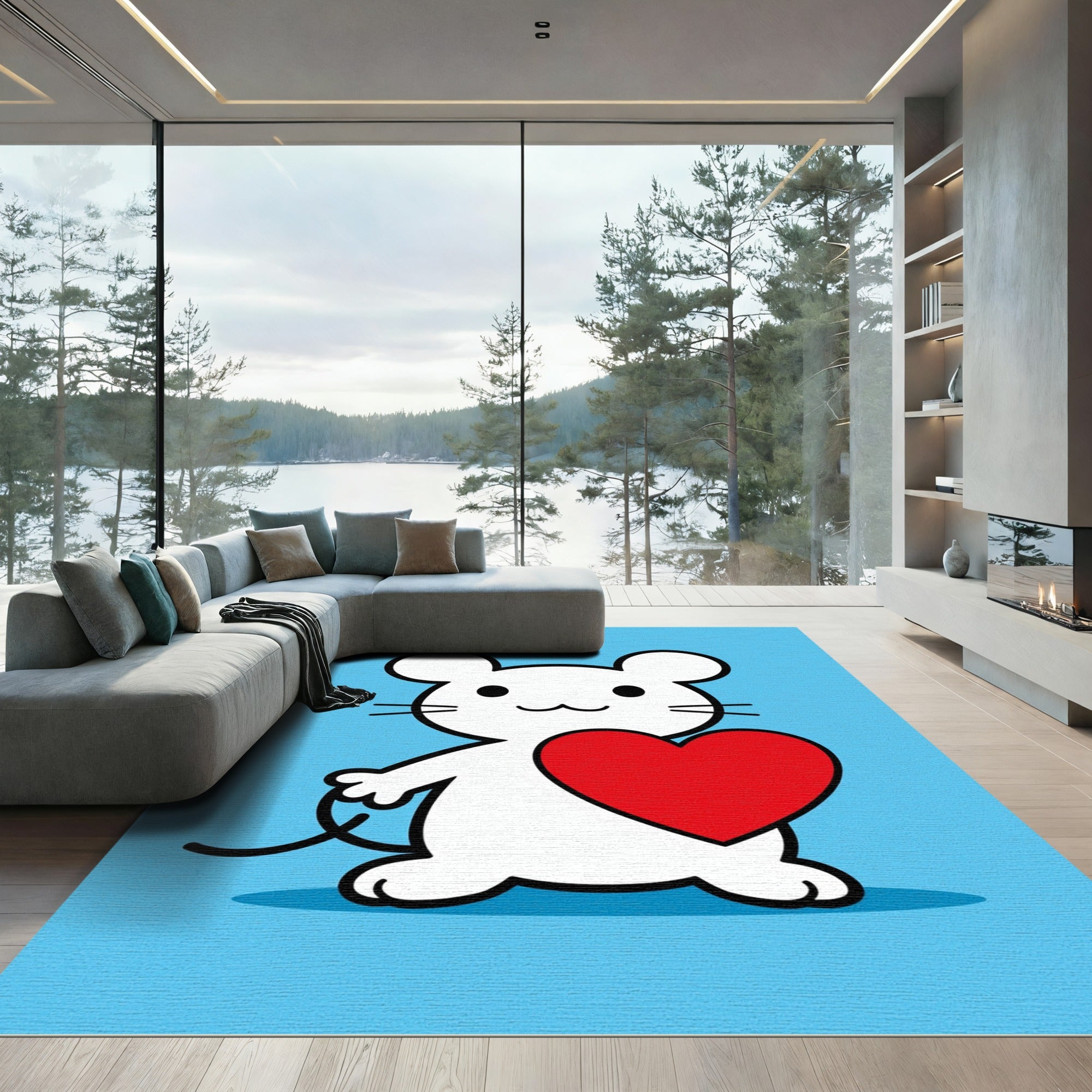Cute White Mouse Red Heart Companionship Rug