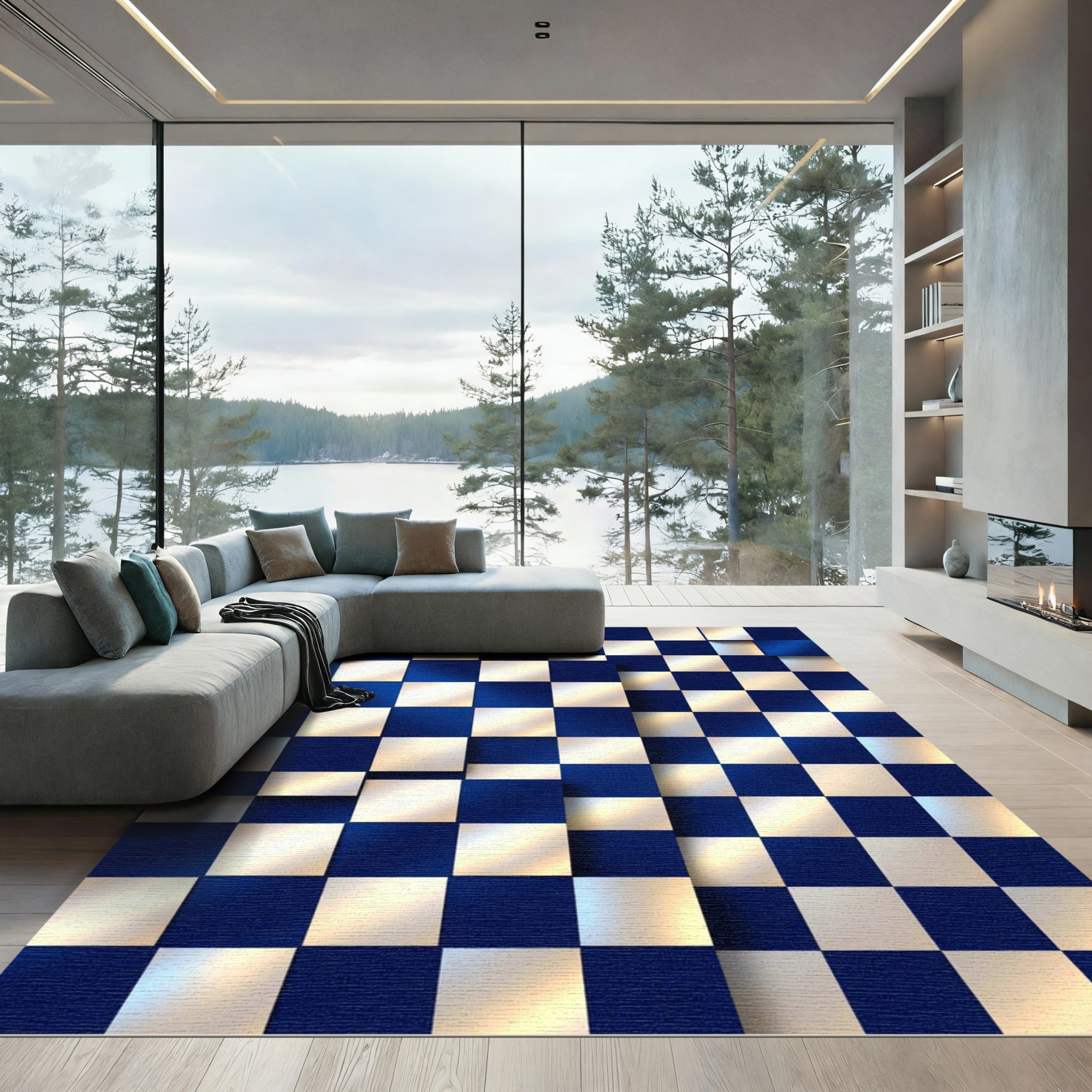 Deep Blue Checkerboard Illusion Squares Rug