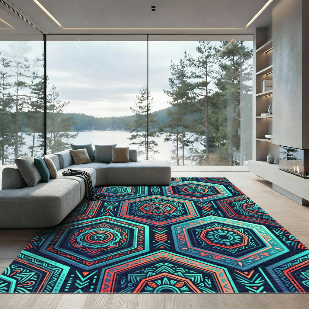 Teal Coral Geometric Hexagon Medallion Rug