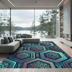 Teal Coral Geometric Hexagon Medallion Rug