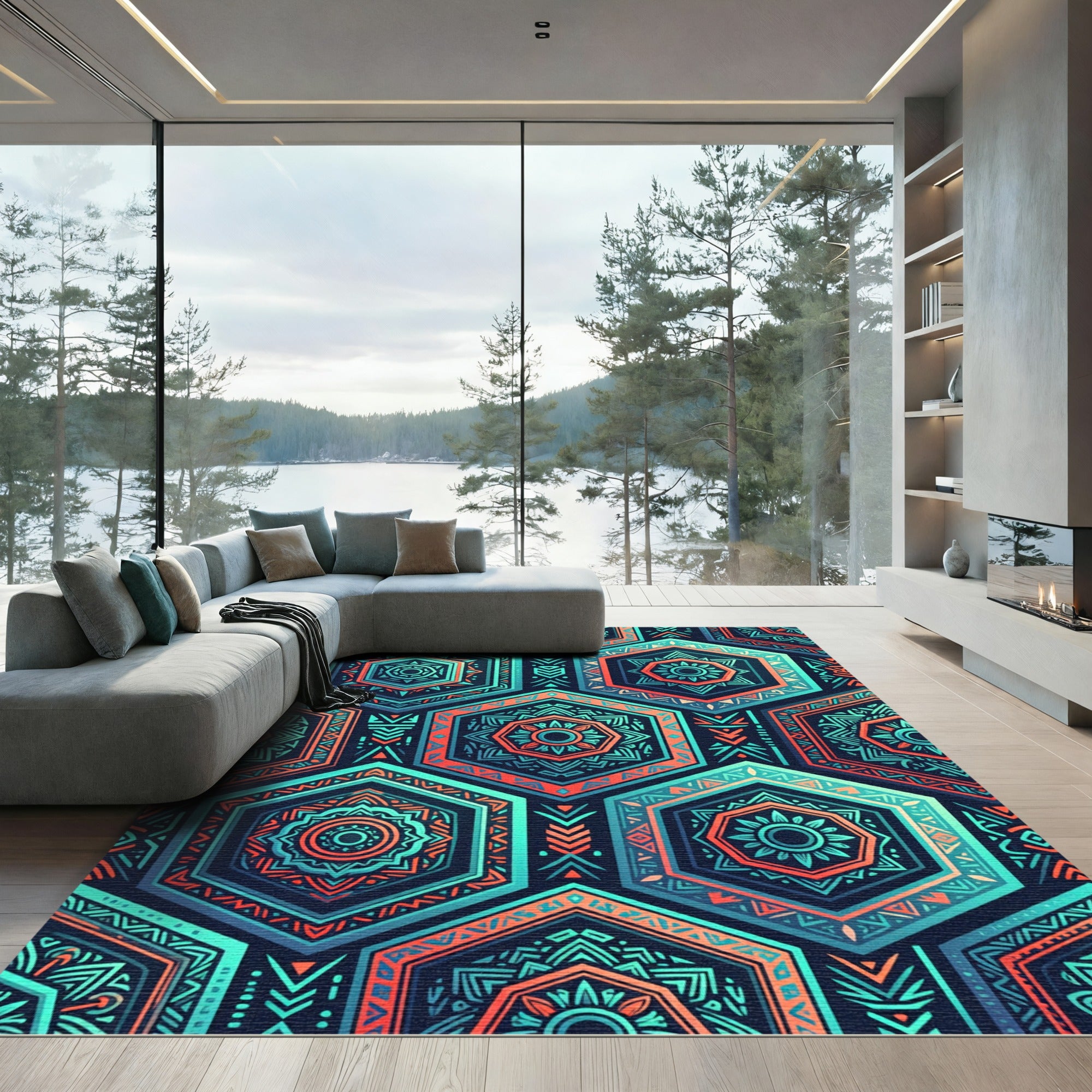 Teal Coral Geometric Hexagon Medallion Rug