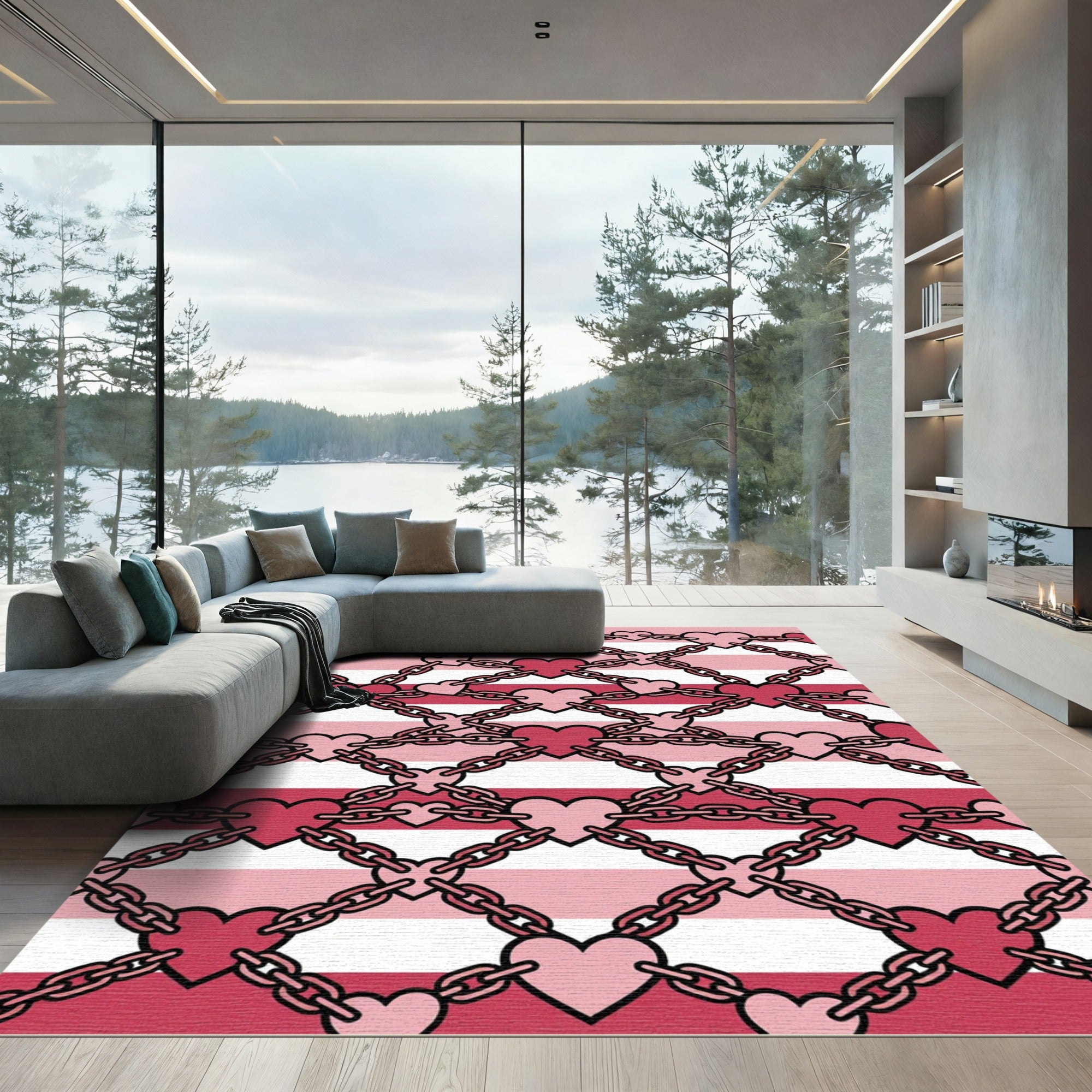 Crimson Pink Heart Chain Stripes Rug