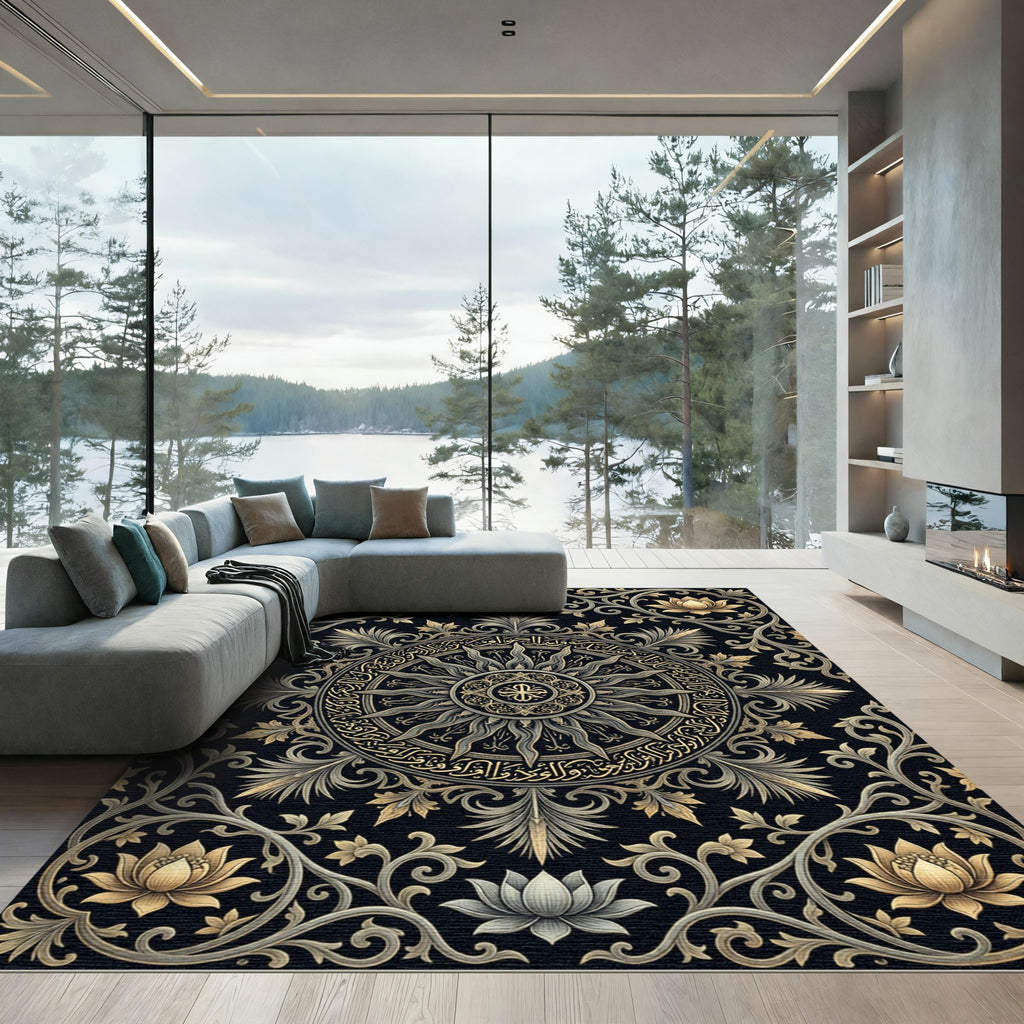 Gilded Lotus Mandala Charcoal Black Tapestry Rug