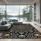 Gilded Lotus Mandala Charcoal Black Tapestry Rug