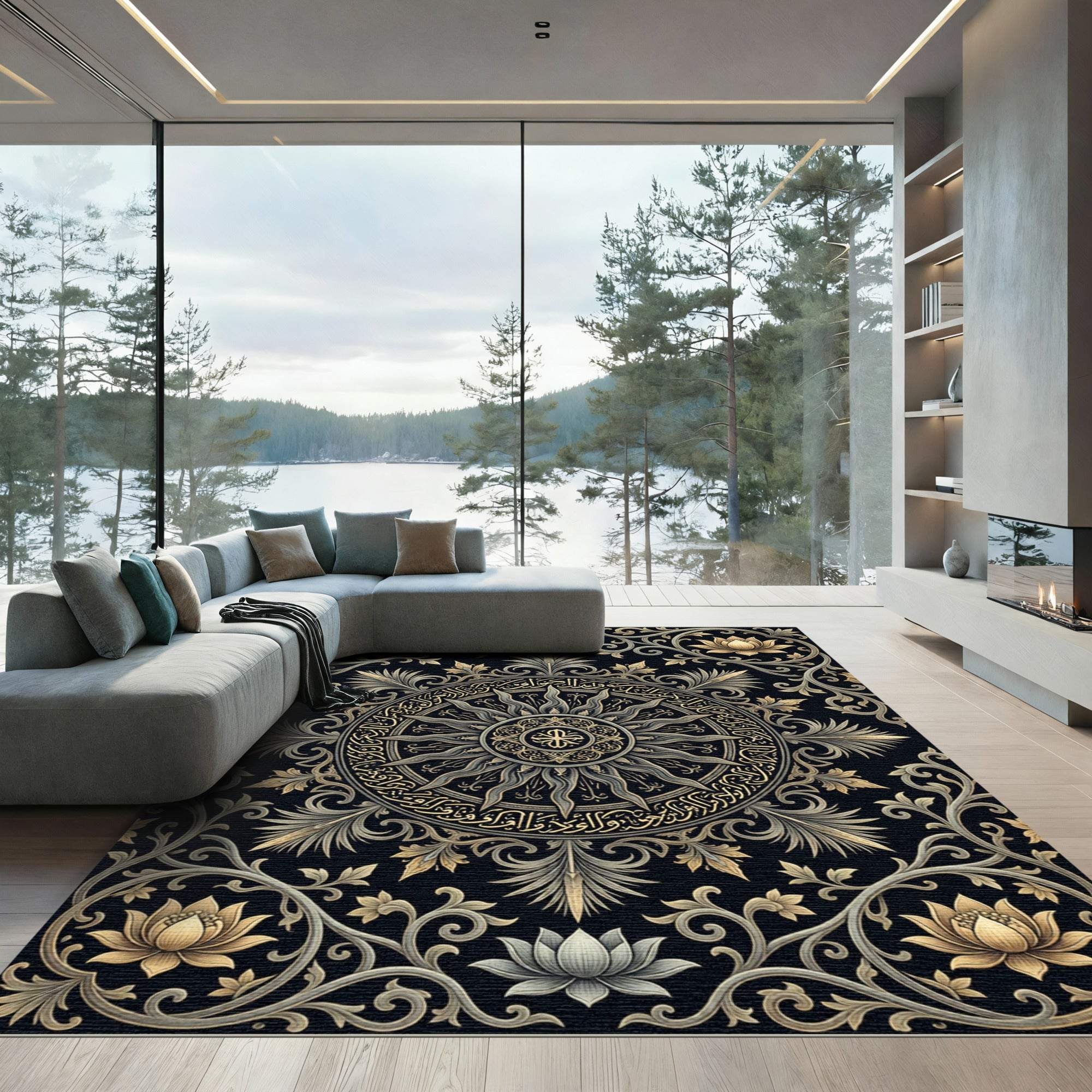 Gilded Lotus Mandala Charcoal Black Tapestry Rug