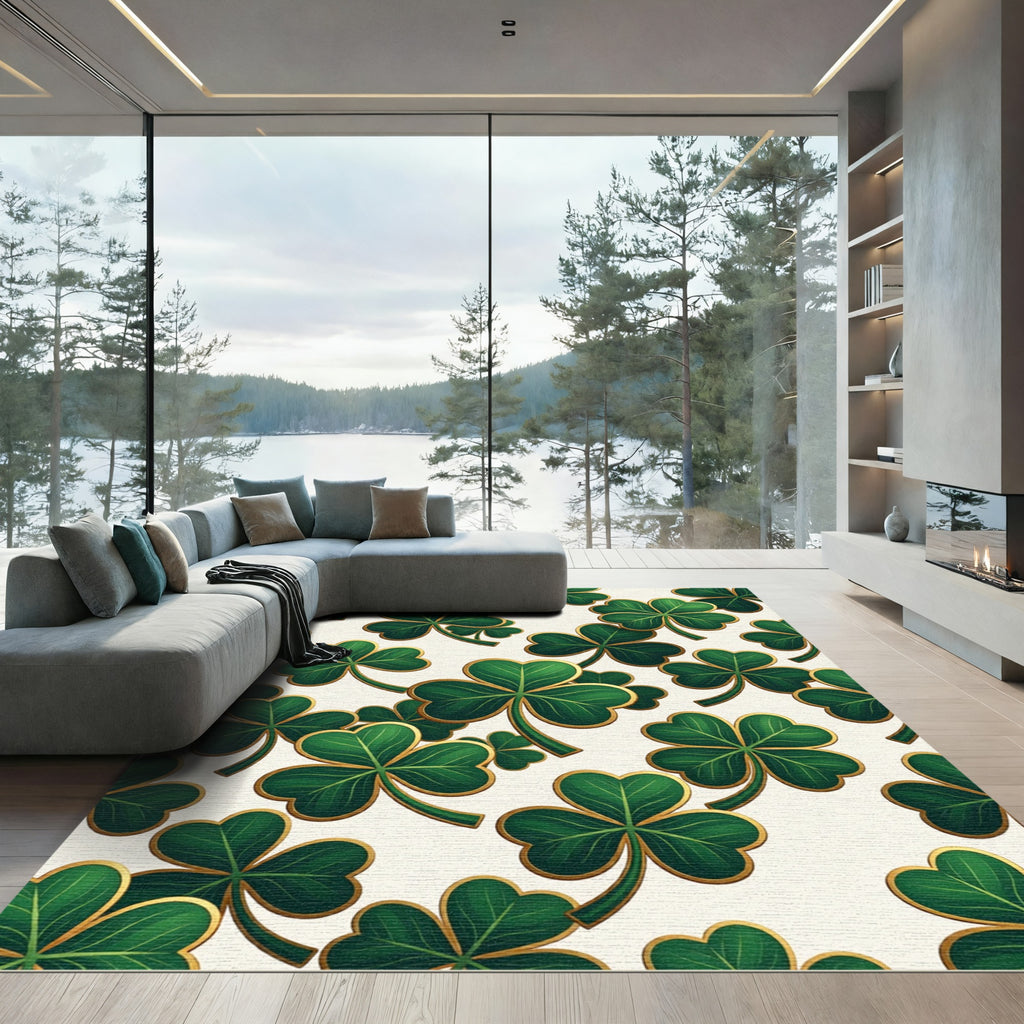 Golden Trim Emerald Shamrock Clover Rug