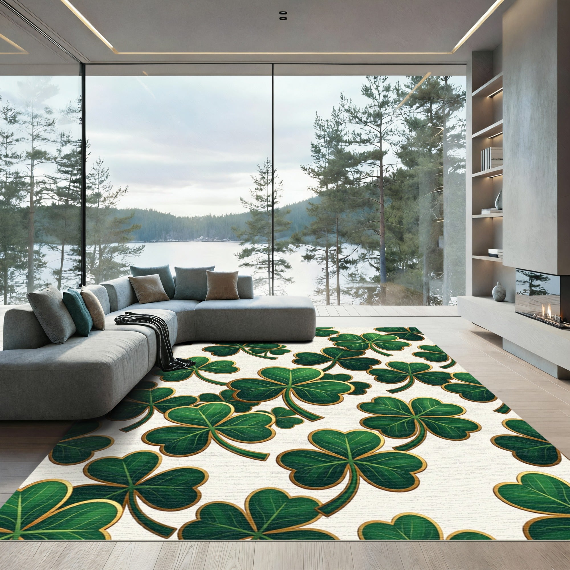 Golden Trim Emerald Shamrock Clover Rug