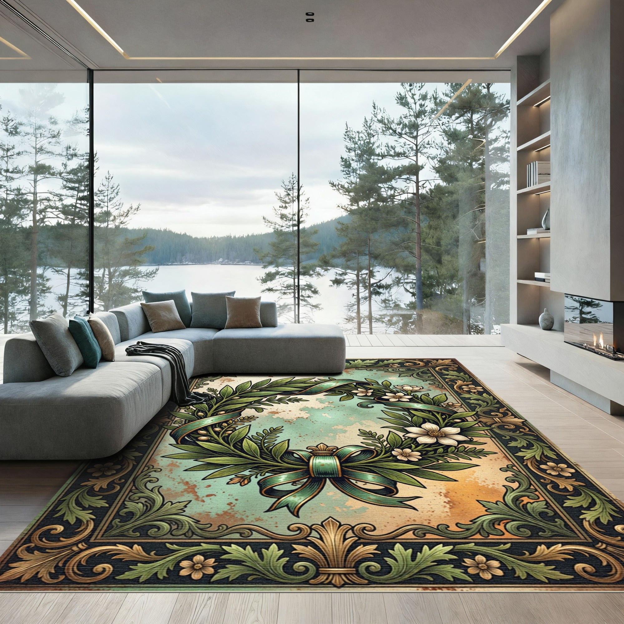 Elegant Sage Wreath Floral Scroll Frame Rug