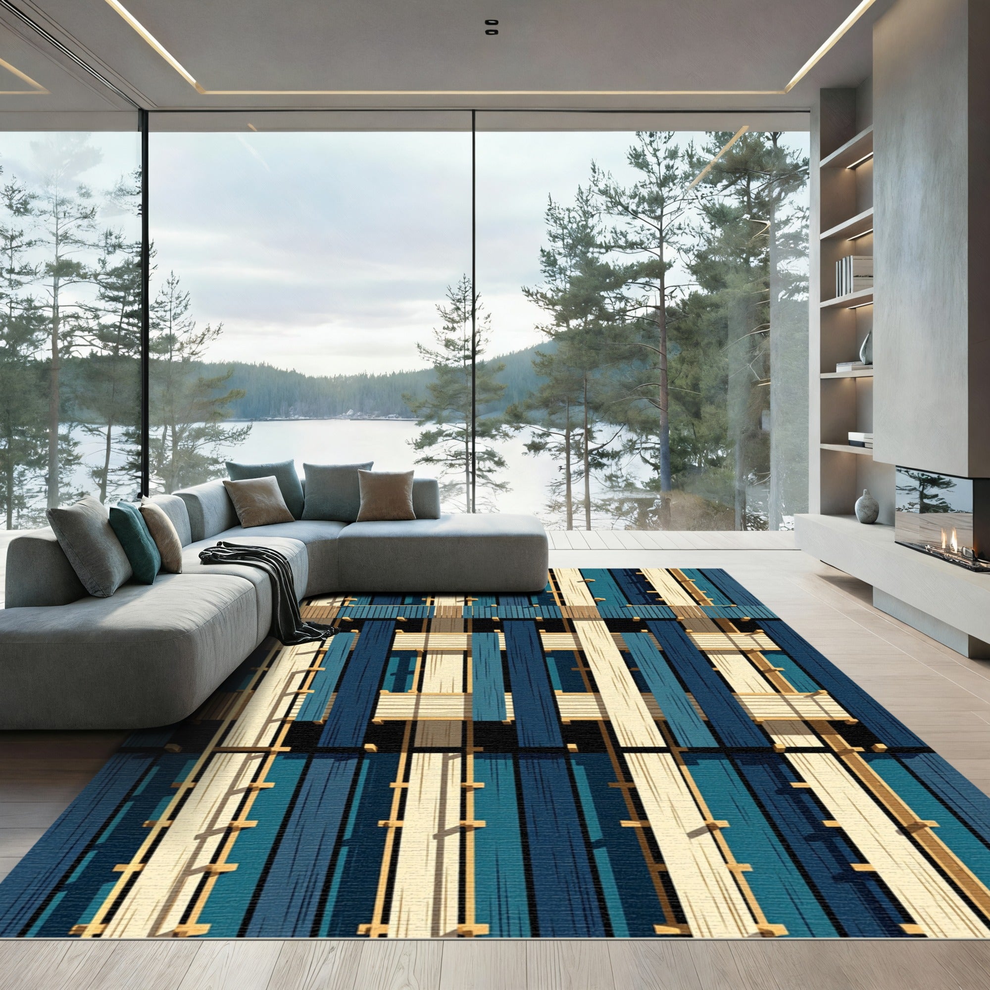 Modern Blue and Cream Geometric Weave Rug