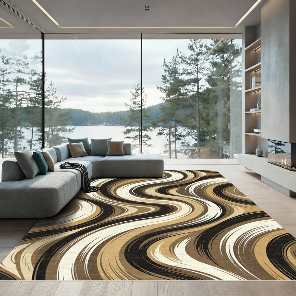 Modern Abstract Brown Wavy Swirl Rug