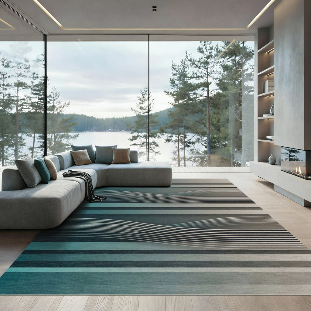 Modern Teal Wave Horizontal Stripe Rug