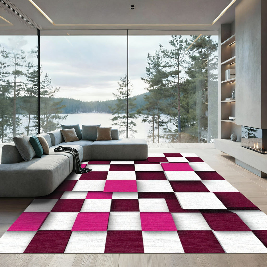 Modern Magenta and Maroon Geometric Cube Rug