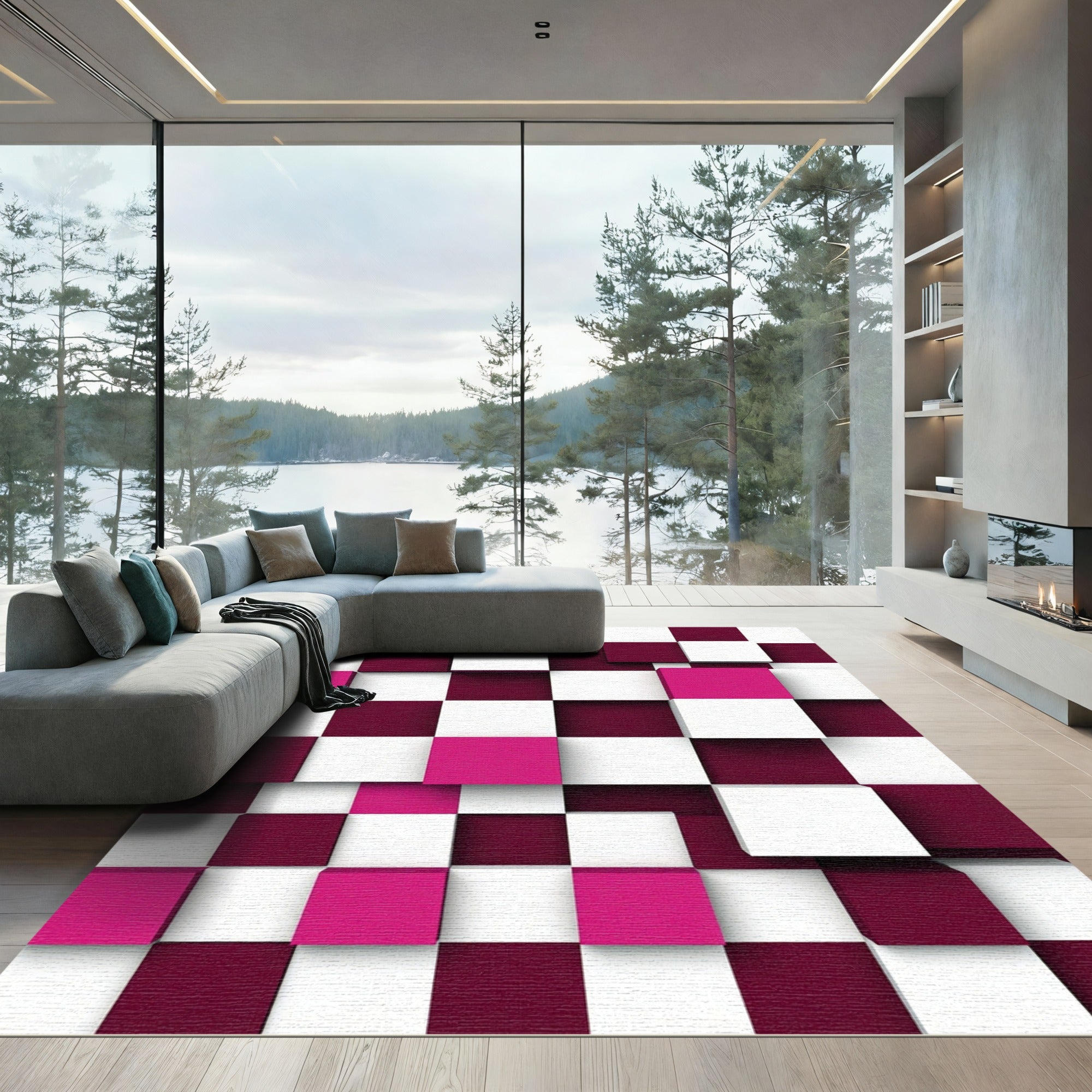 Modern Magenta and Maroon Geometric Cube Rug