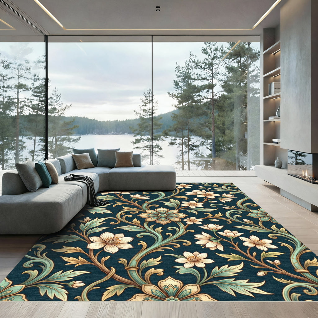 Elegant Dark Teal Floral Scroll Tapestry Rug