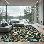 Elegant Dark Teal Floral Scroll Tapestry Rug