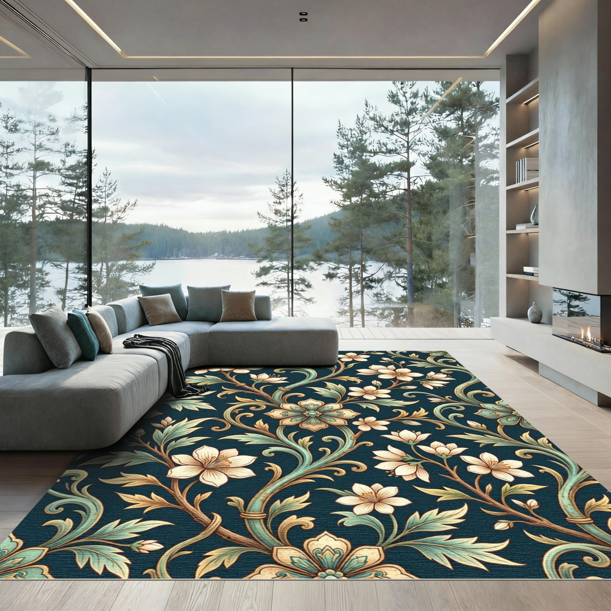 Elegant Dark Teal Floral Scroll Tapestry Rug