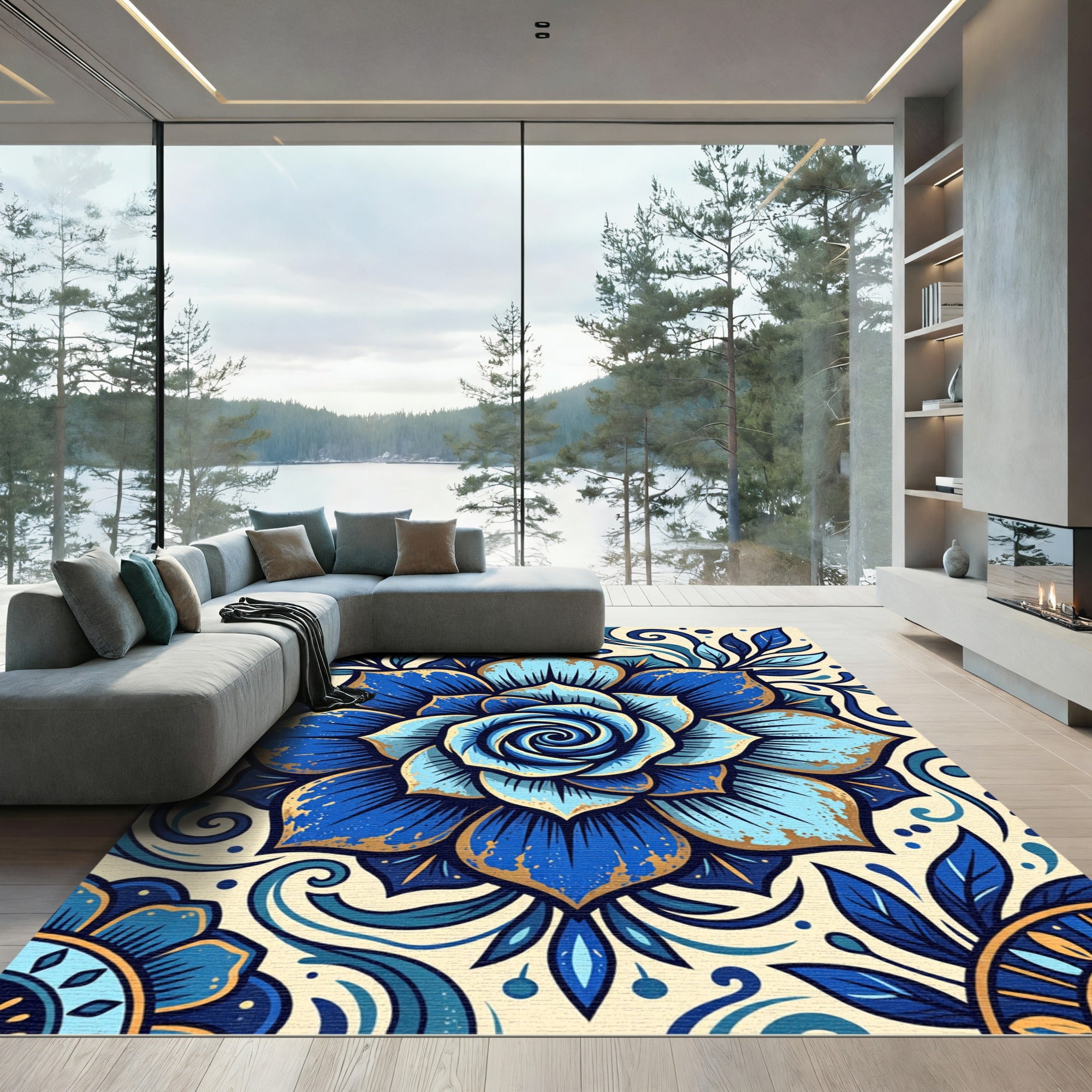 Deep Blue Floral Splendor Rug