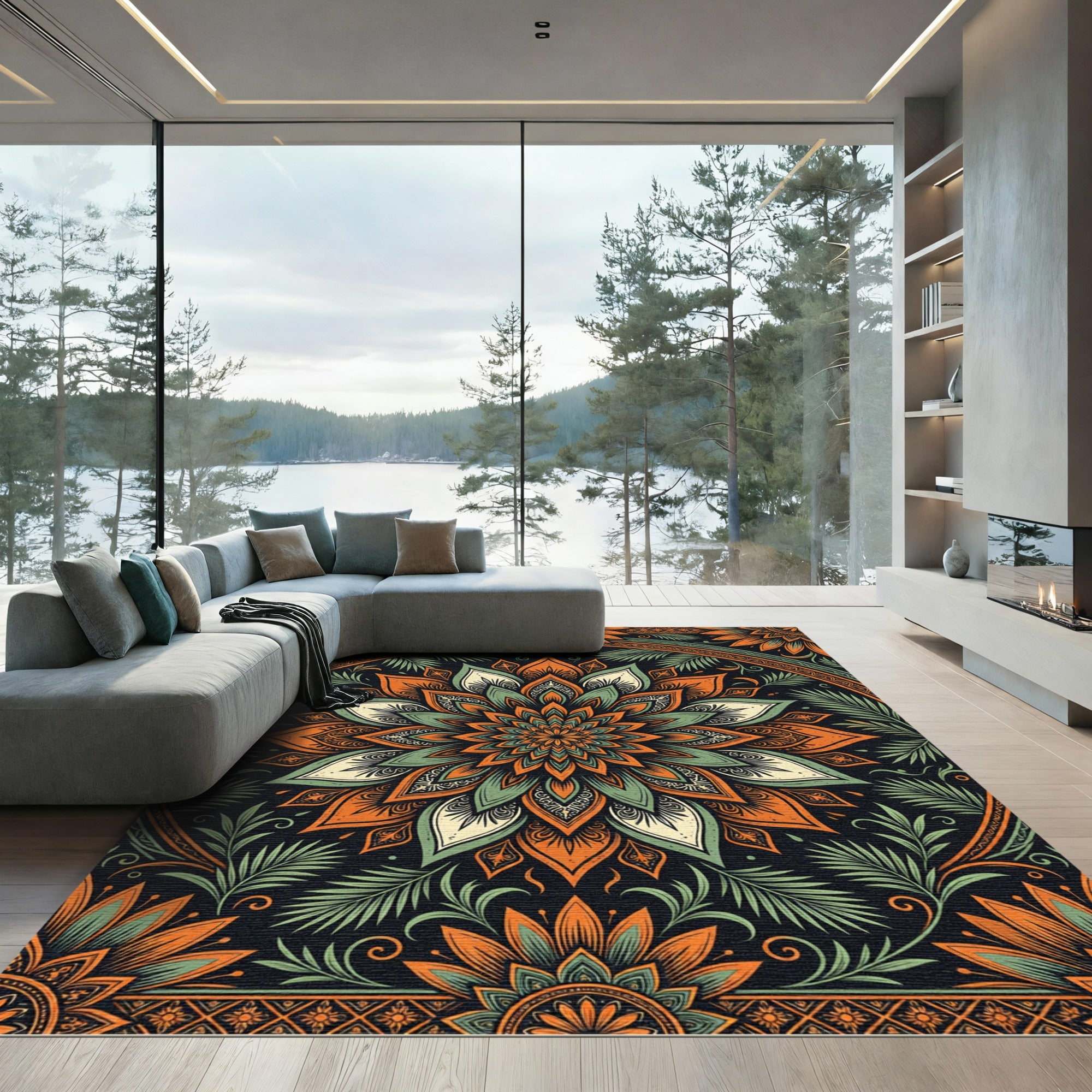 Orange and Sage Floral Mandala Rug