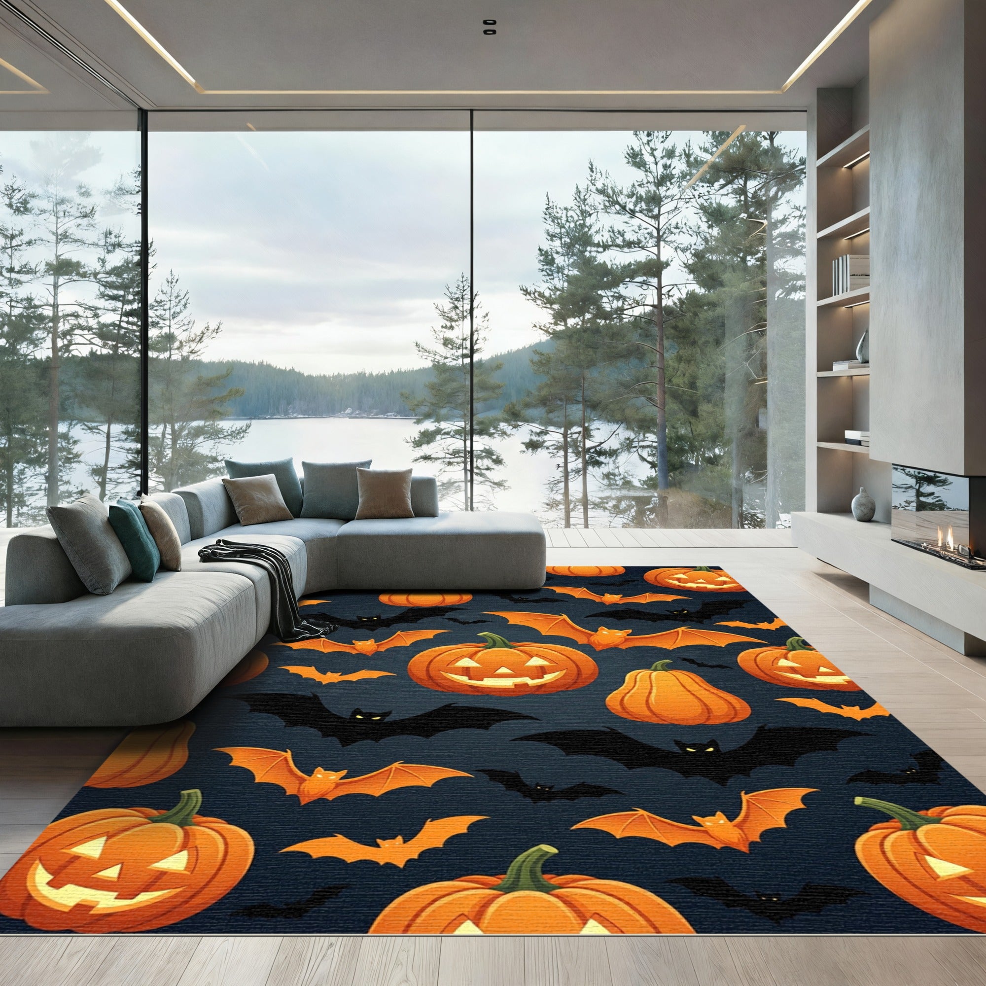 Spooky Orange Jack o Lantern Bat Harvest Rug