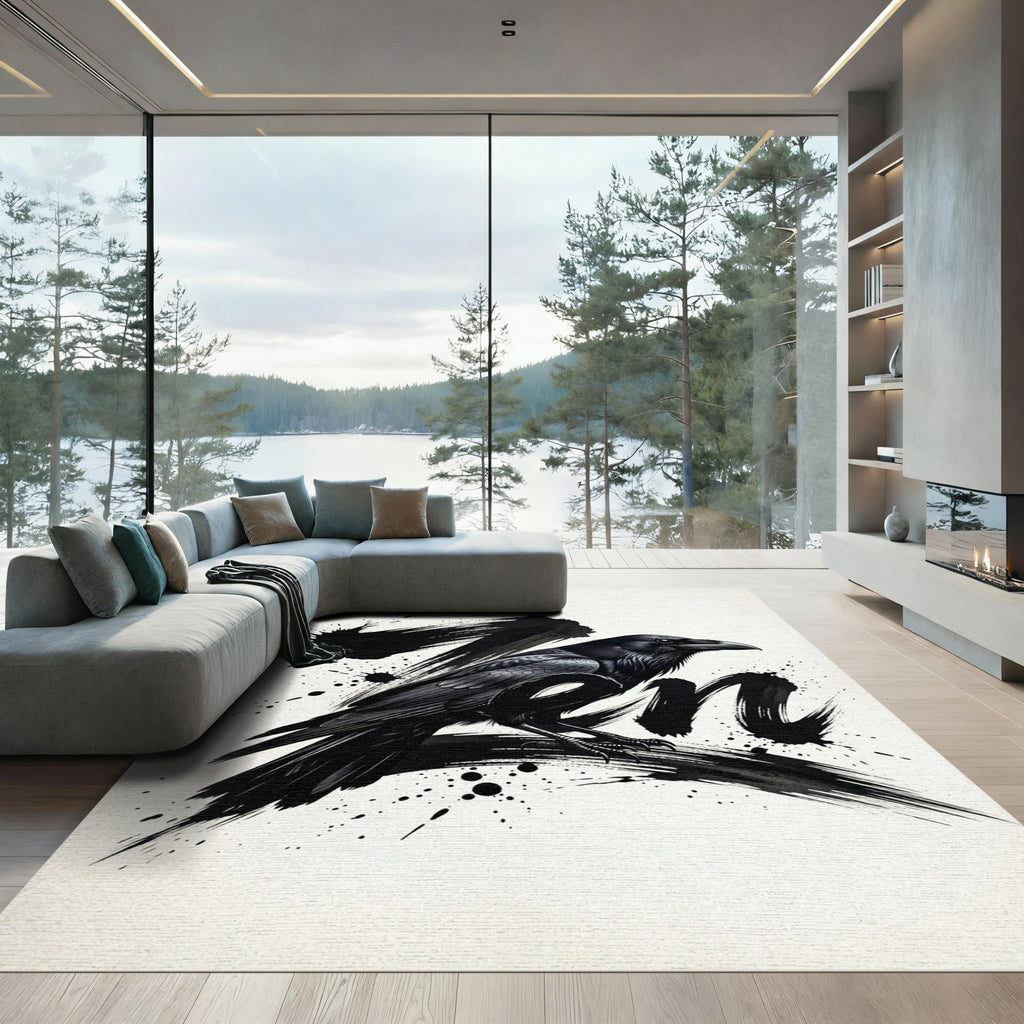Monochrome Zen Raven Ink Wash Illustration Rug