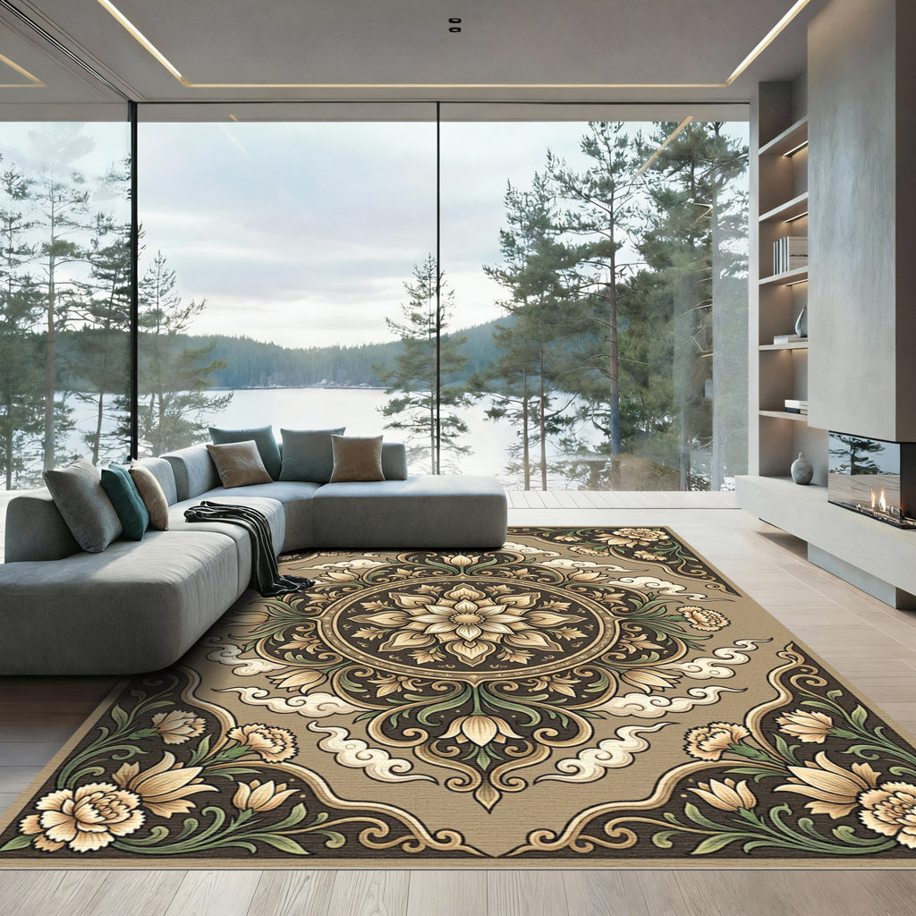 Earthy Beige Floral Mandala Cloud Rug