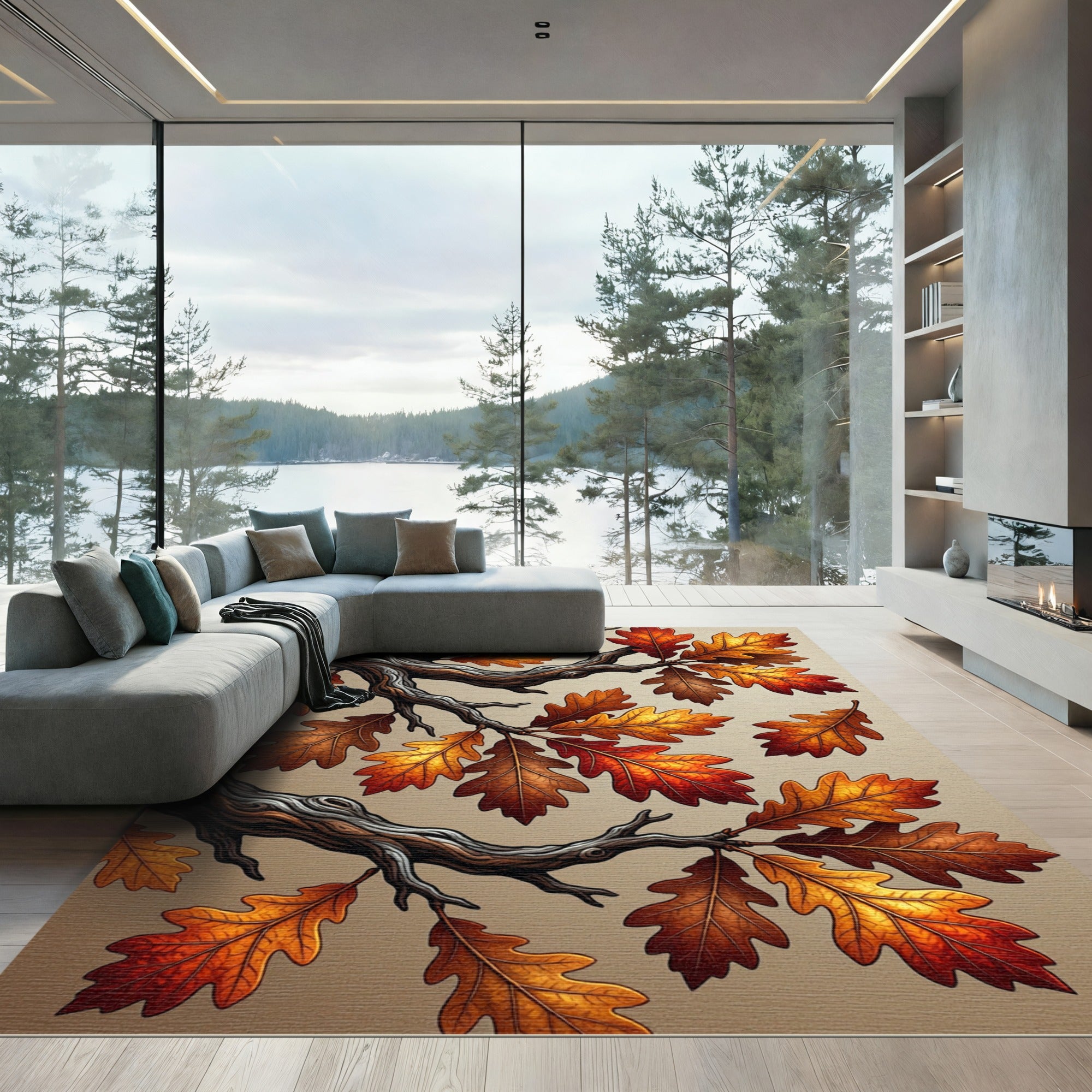 Autumnal Golden Oak Foliage Branches Rug