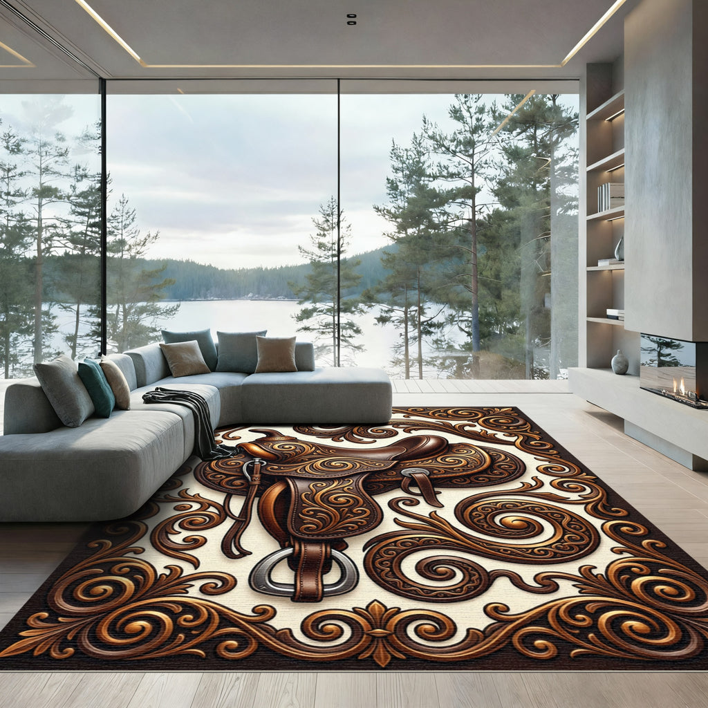 Brown Saddle Ornate Swirl Medallion Rug