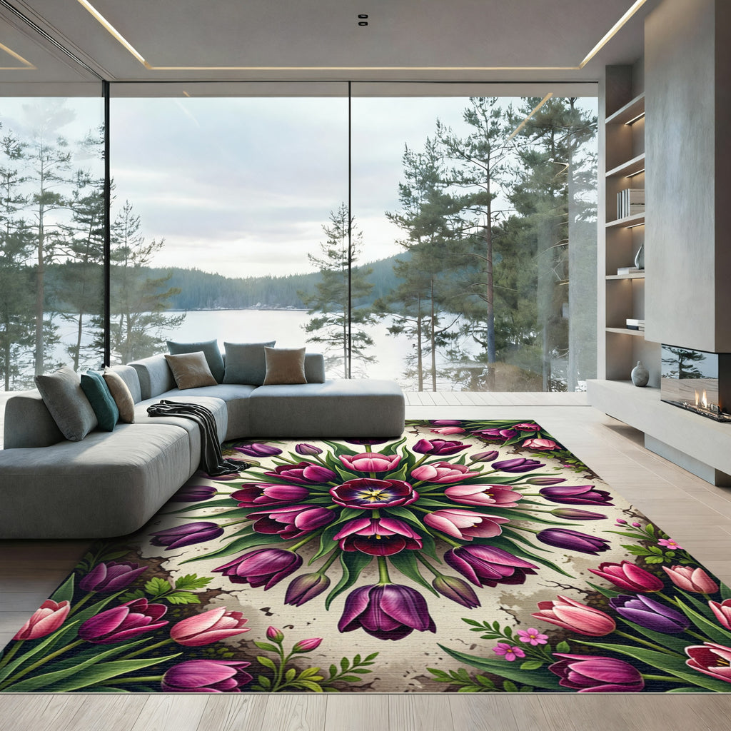 Vibrant Magenta Tulip Medallion Floral Rug