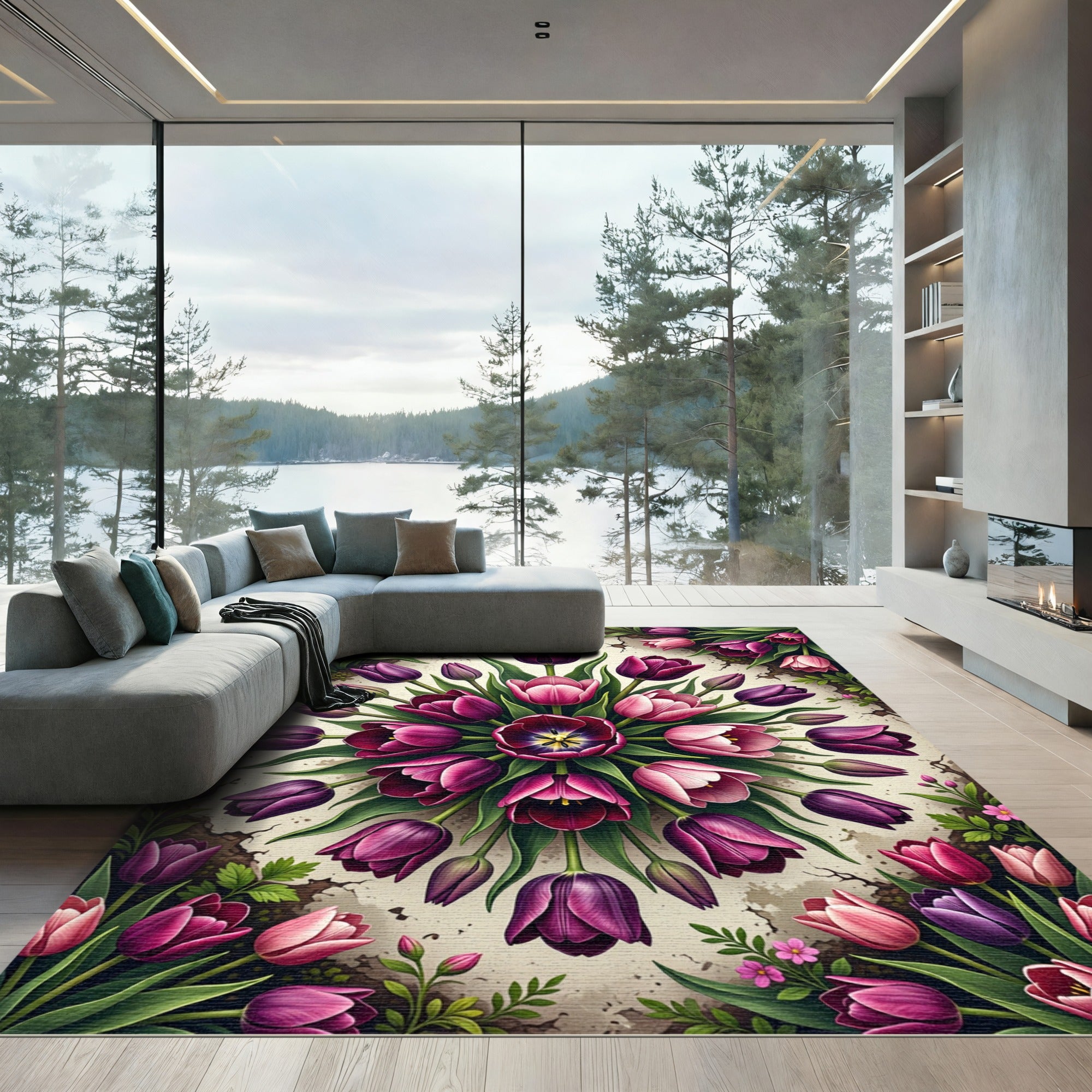 Vibrant Magenta Tulip Medallion Floral Rug
