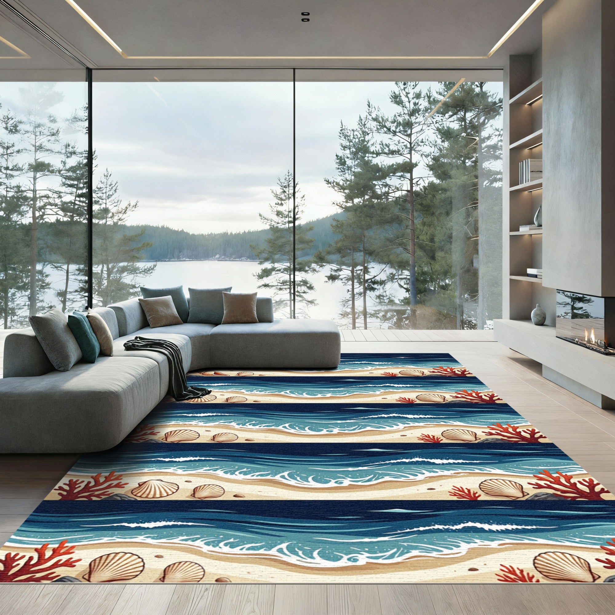Coastal Coral Reef Beach Waves Rug
